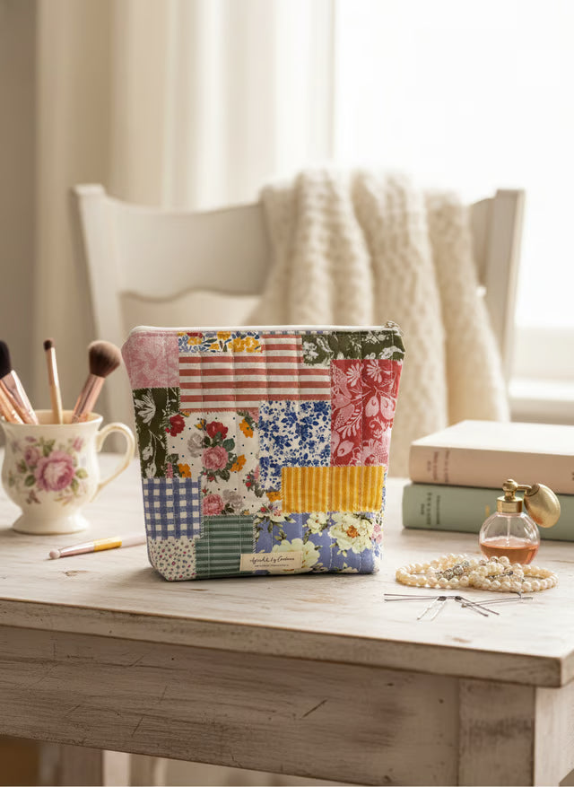 Quilted Zippered Pouch – Handmade Organizer, Makeup Bag, Travel Case "Florine"