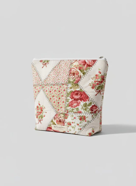 Quilted Zippered Pouch – Handmade Organizer, Makeup Bag, Travel Case "Rosey"