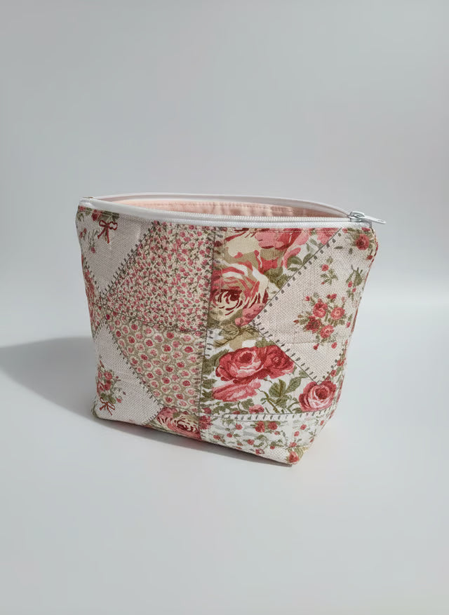 Quilted Zippered Pouch – Handmade Organizer, Makeup Bag, Travel Case "Rosey"