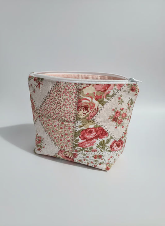 Quilted Zippered Pouch – Handmade Organizer, Makeup Bag, Travel Case "Rosey"